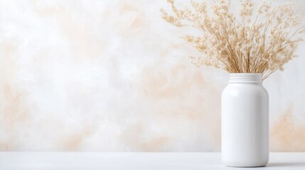 A white ceramic vase with dried pampas grass arranged inside, standing on a light wooden surface against a soft beige background, and minimalist home decor concept.