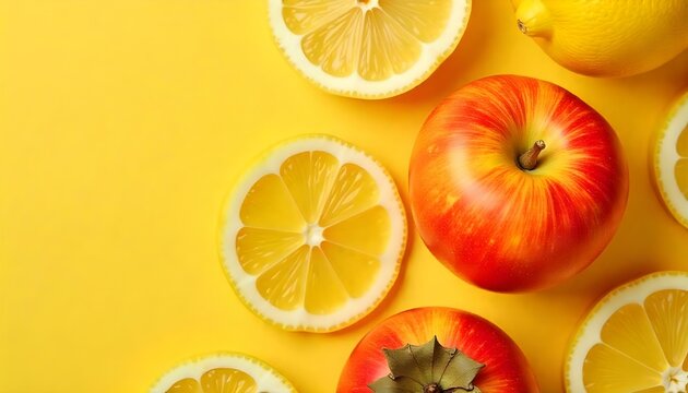 Top view of lemon, persimmon and apple on yellow, orange and white background
