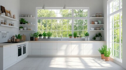 minimalist white kitchen with open shelves, natural light streaming in through large windows, and potted herbs adding a touch of green