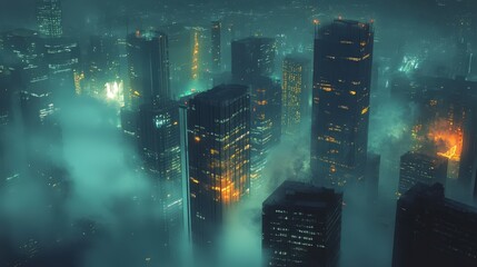 A misty city night scene, where fog partially covers the glowing high-rise buildings, creating a dreamy effect