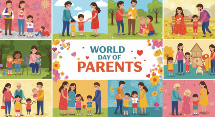 Fototapeta premium World Day of Parents Celebration Background with Family Icons and Floral Decoration