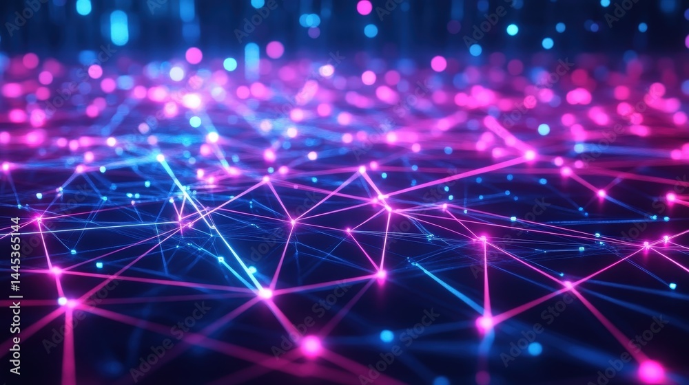 Poster a neon cyber grid with continuous streams of glowing data lines moving between ai-driven nodes.