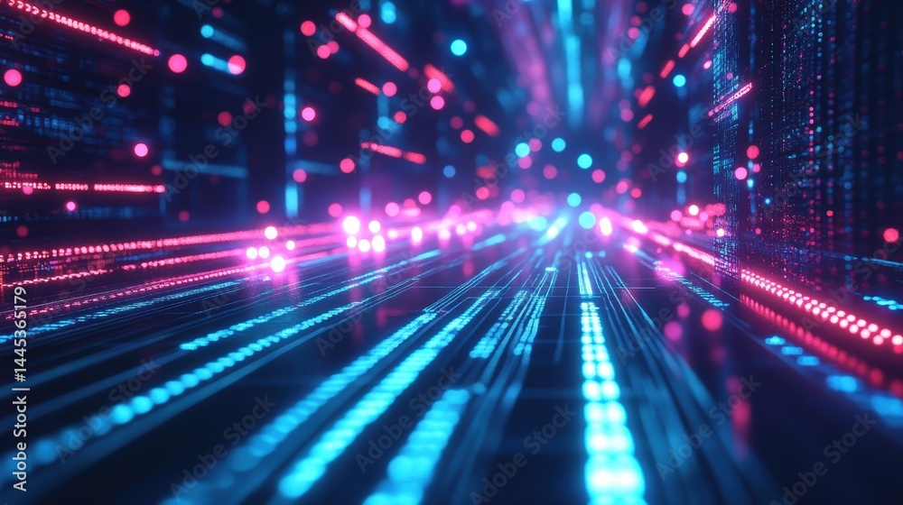 Poster a neon cyber grid with continuous streams of glowing data lines moving between ai-driven nodes.