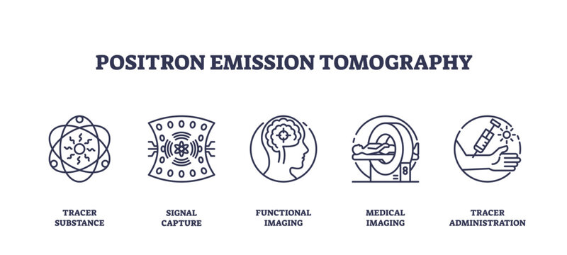 Positron emission tomography icons show tracer, signal capture, and brain imaging, transparent background. Outline icons set.