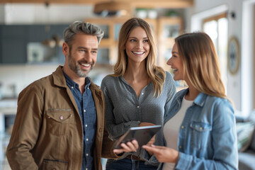 A skilled realtor enthusiastically guides a young, accomplished couple to an exceptional property, as a female agent confidently leads family towards their dream home while utilizing a tablet, creatin