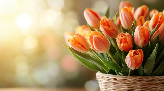 A captivating display of soft orange tulips arranged beautifully in a charming basket, set against a dreamy bokeh background that creates a refreshing and uplifting ambiance.
