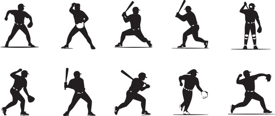 Baseball Player Silhouettes Action Poses Set