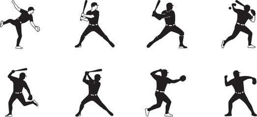 Baseball Player Silhouettes Action Poses Set