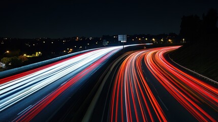 A nighttime highway scene with streaks of red and white lights from speeding cars, captured in long exposure