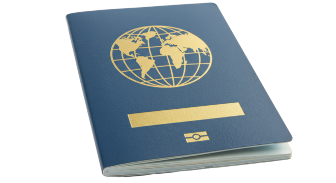Isolated Blue Passport with Gold World Map and Emblem