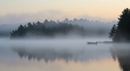 Fototapeta premium Misty Lake with Boat - Photo