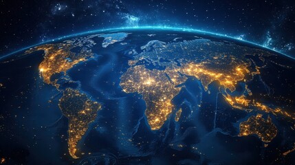 Obraz premium A night-time world map showing illuminated cities and continents glowing against a deep blue space backdrop.