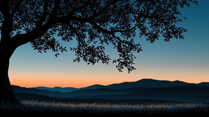 Serene landscape scene with silhouette of large tree in foreground, mountain range in distance under colorful sunset sky, peaceful natural outdoor environment