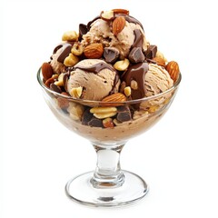 Delicious ice cream sundae topped with chocolate sauce, almonds, and nuts. Vibrant presentation shows indulgence and sweetness, perfect for dessert lovers. Generated AI