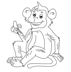 Cute cartoon hand drawn vector Smiley Monkey with banana coloring page.