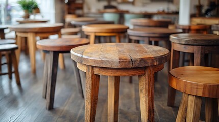 Round wooden stools of varied tones arranged indoors with wood floor, bright lighting