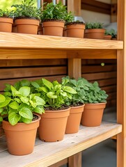 Wooden shelves display various potted herbs and plants in terracotta pots