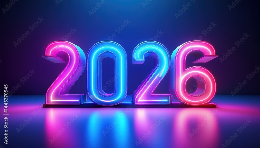 Poster vibrant neon 2026 numbers in 3d style on dark background for new year web design, digital graphics, 