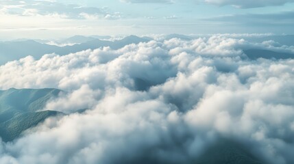 Fototapeta na wymiar A panoramic aerial view of rolling clouds stretching endlessly over a mountain range.