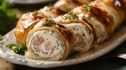 Delicious pastry rolls filled with cream cheese and herbs, garnished with fresh parsley. Perfect for gatherings or a delightful snack.