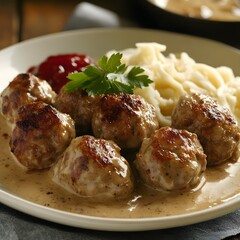 Delicious meatballs served with creamy sauce, pasta, and a side of ketchup on a white plate, garnished with fresh herbs.
