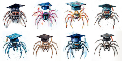 Obraz premium Eight Graduated Spiders in Watercolor - Eight watercolor spiders, each wearing a graduation cap, symbolize knowledge, achievement, perseverance, intelligence, and wisdom