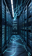 Inside a cutting-edge server room, a high-tech network pulses with data transfer activity. A visual symphony of technology