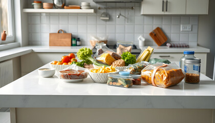 Emergency survival food set on white kitchen table, grunge. with white shades