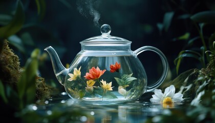 Blooming flower tea in glass teapot nature vibrant colors tranquil environment close-up art of tea and coffee