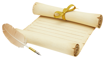 Isolated Antique Scroll with Feather Quill and Inkwell