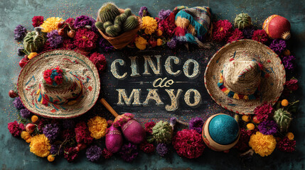 Cinco de Mayo marketing poster with sombreros, cactuses, maracas and flowers