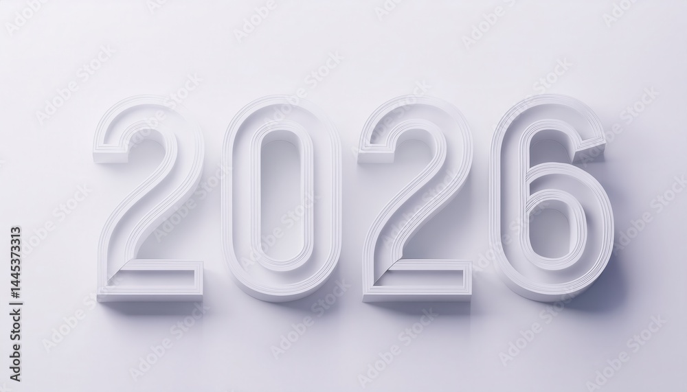Poster 2026 modern white layered typography for new year visuals, ideal for web design, print ads, branding