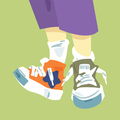 Mismatched Cartoon Sneakers On Feet. Flat cartoon illustration of a pair of mismatched sneakers on child legs with white socks, standing on green grass. Bright and playful summer style.