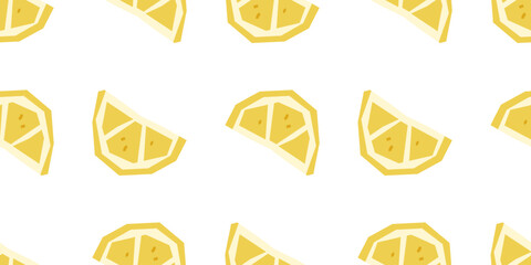 Seamless Lemon Wedge Pattern Design. Seamless pattern of stylized yellow lemon wedges in flat cartoon style. Bright citrus elements are arranged on a white background.