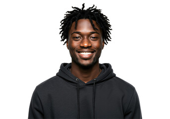 Fototapeta premium Portrait of a happy young adult Black man with dreadlocks wearing a casual black hoodie, smiling broadly at the camera against a plain transparent background.