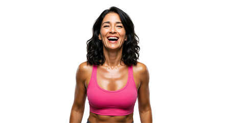 Joyful middle-aged woman with dark hair and a toned physique, wearing a vibrant pink sports bra and sweating, laughing heartily on a transparent background after a fitness session.