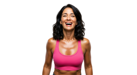 Joyful middle-aged woman with dark hair and a toned physique, wearing a vibrant pink sports bra and sweating, laughing heartily on a transparent background after a fitness session.