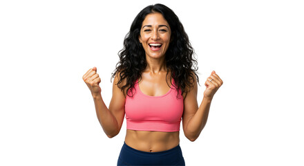 A joyful and fit young adult woman in her 30s celebrates achievement, raising her fists in triumph while wearing a pink sports bra and workout leggings on a transparent background.