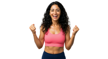 A joyful and fit young adult woman in her 30s celebrates achievement, raising her fists in triumph while wearing a pink sports bra and workout leggings on a transparent background.