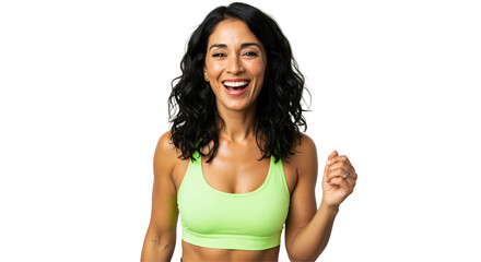 A happy, fit woman in her 30s or 40s with dark curly hair smiles broadly while wearing a bright green sports bra against a transparent background, looking energetic and healthy.
