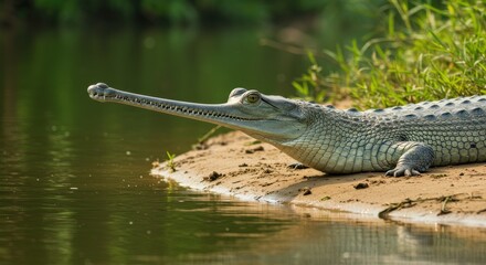 Obraz premium Gharial Crocodile on Riverbank - Photo