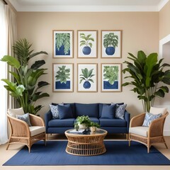 Elegant Living Room Interior with Blue Sofa, Rattan Chairs, and Tropical Plants