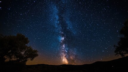 Obraz premium A peaceful night scene in the wilderness, with a clear sky full of stars and the Milky Way stretching across