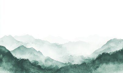 Abstract minimalist landscape with green watercolor mountains. AI generated illustration.