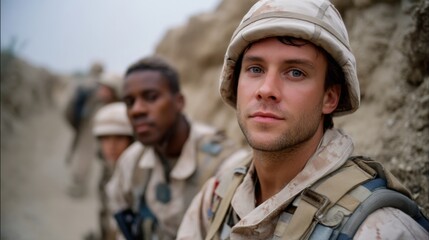 Fototapeta premium Diverse Group of Military Soldiers Sitting Outdoors in Desert Terrain Wearing Camouflage Uniforms and Helmets