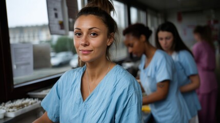 Healthcare workers in uniform working in hospital kitchen or cafeteria during busy shift