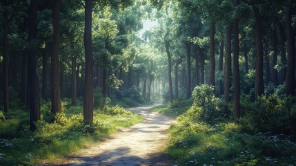 Fototapeta premium Serene sunlit forest path through lush greenery and tall trees