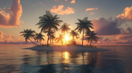 A peaceful tropical island with the sun setting behind swaying palm trees.