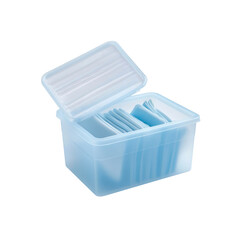 Light Blue Plastic Storage Box with Lid Open, Showing Stacked Blue Tissues or Cleaning Cloths Inside