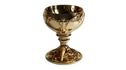 Elaborate golden chalice with detailed floral and cross ornamentation, isolated.